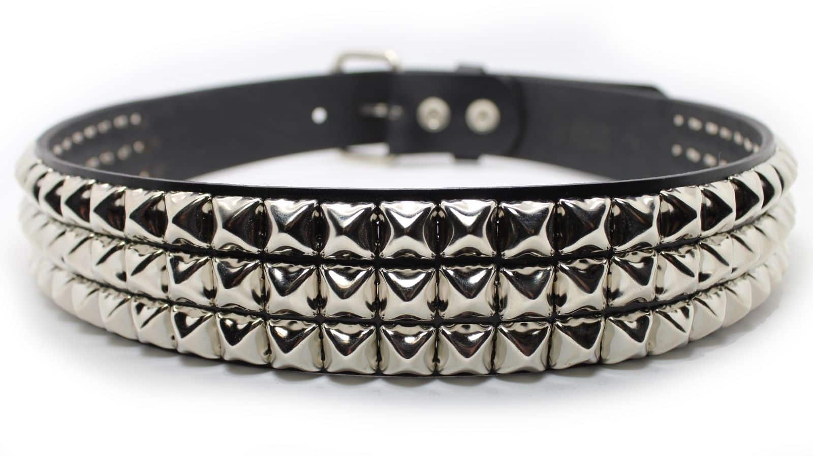 3 Row Pyramid Studded Black Leather Belt - Image 3
