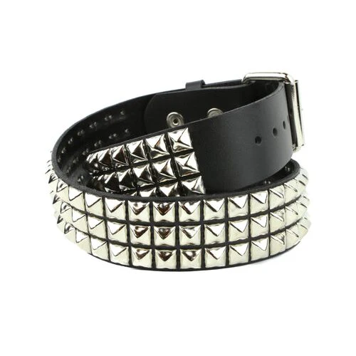 3 Row Pyramid Studded Black Leather Belt - Image 4