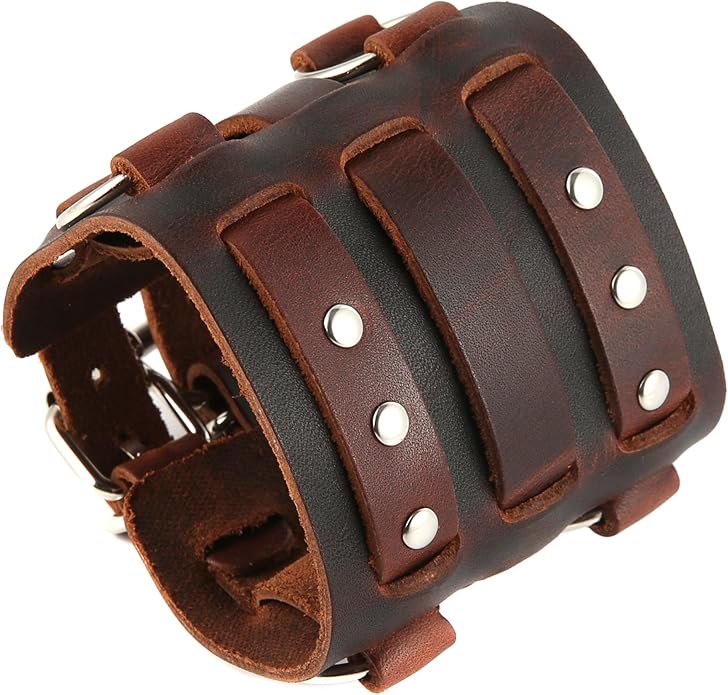 3 Strap Brown Leather Wrist Cuff - Image 4
