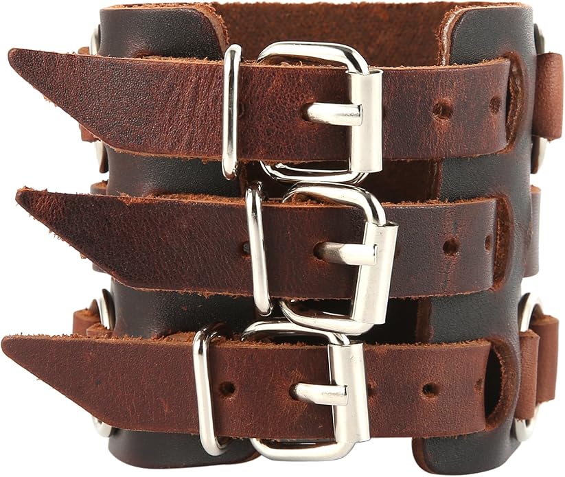 3 Strap Brown Leather Wrist Cuff - Image 5