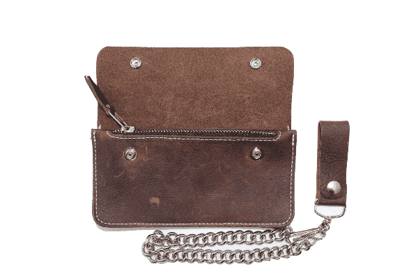 Large Bi-Fold Biker Distressed Brown Leather w/ Chain - Image 2