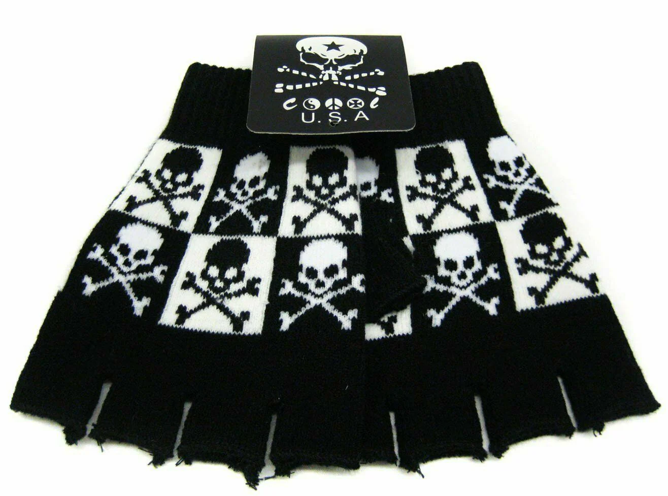 Fingerless Checkered Skull Gloves - Image 2