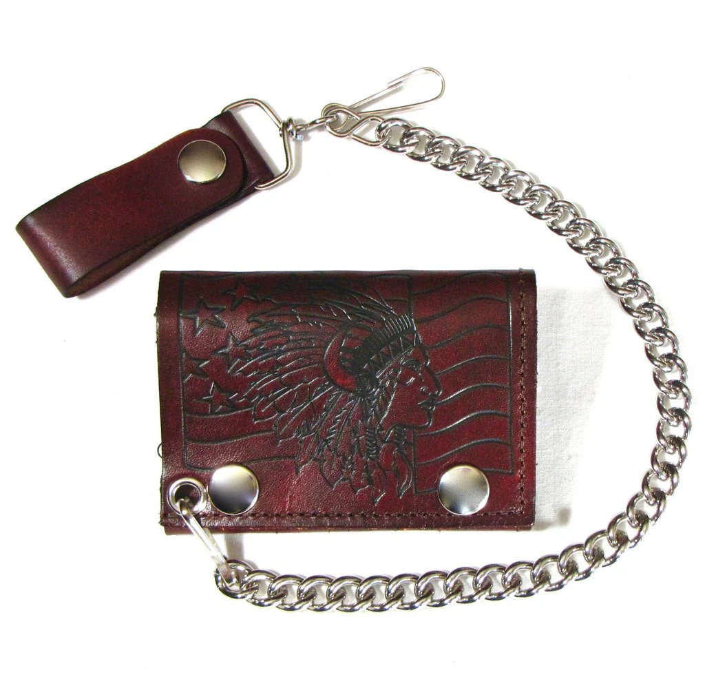 Antique Finish Indian Chief Flag Tri-Fold Wallet w/ Chain
