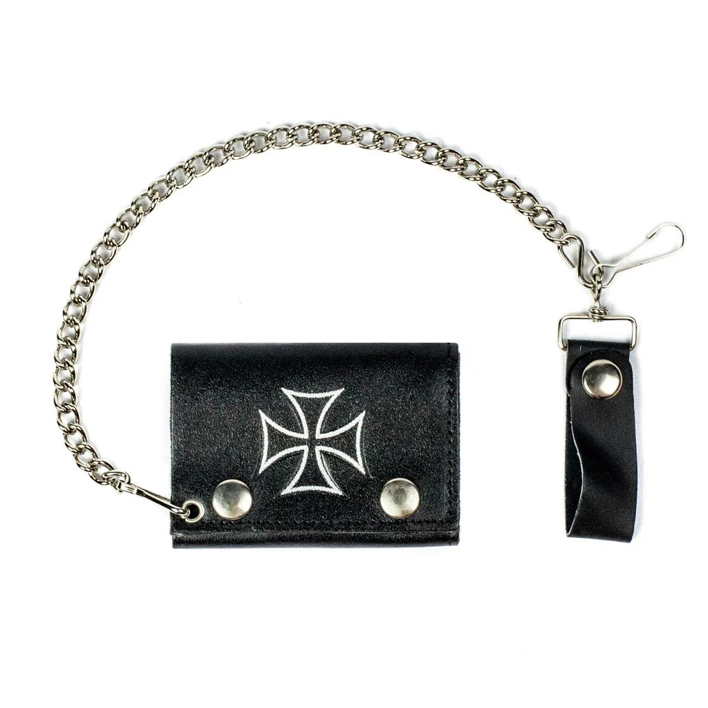 Iron Cross Tri-Fold Biker Wallet w/ Chain
