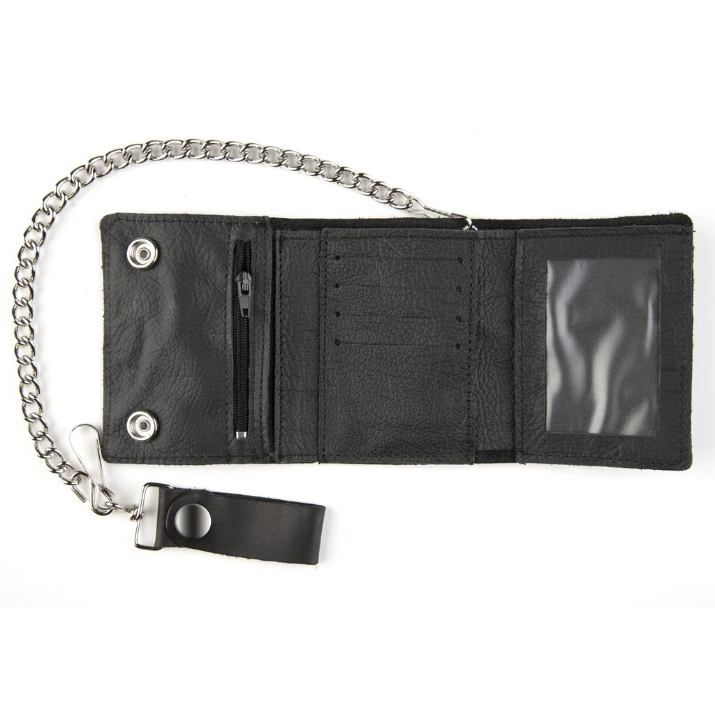 Large Tri-Fold Black Wallet w/ Chain - Image 2