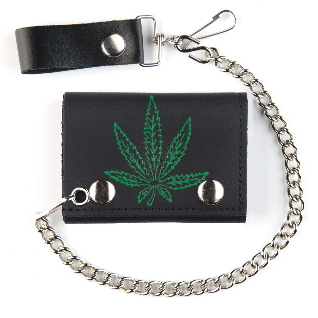 Pot Leaf Tri-Fold Biker Wallet w/ Chain