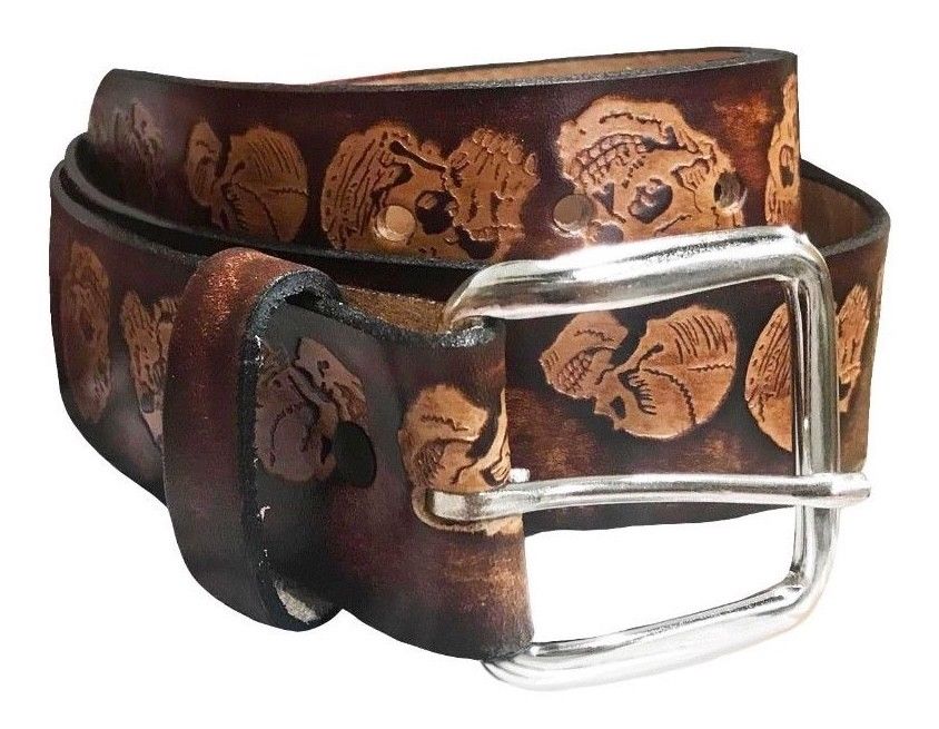 Skull Embossed Brown Leather Belt - Image 3