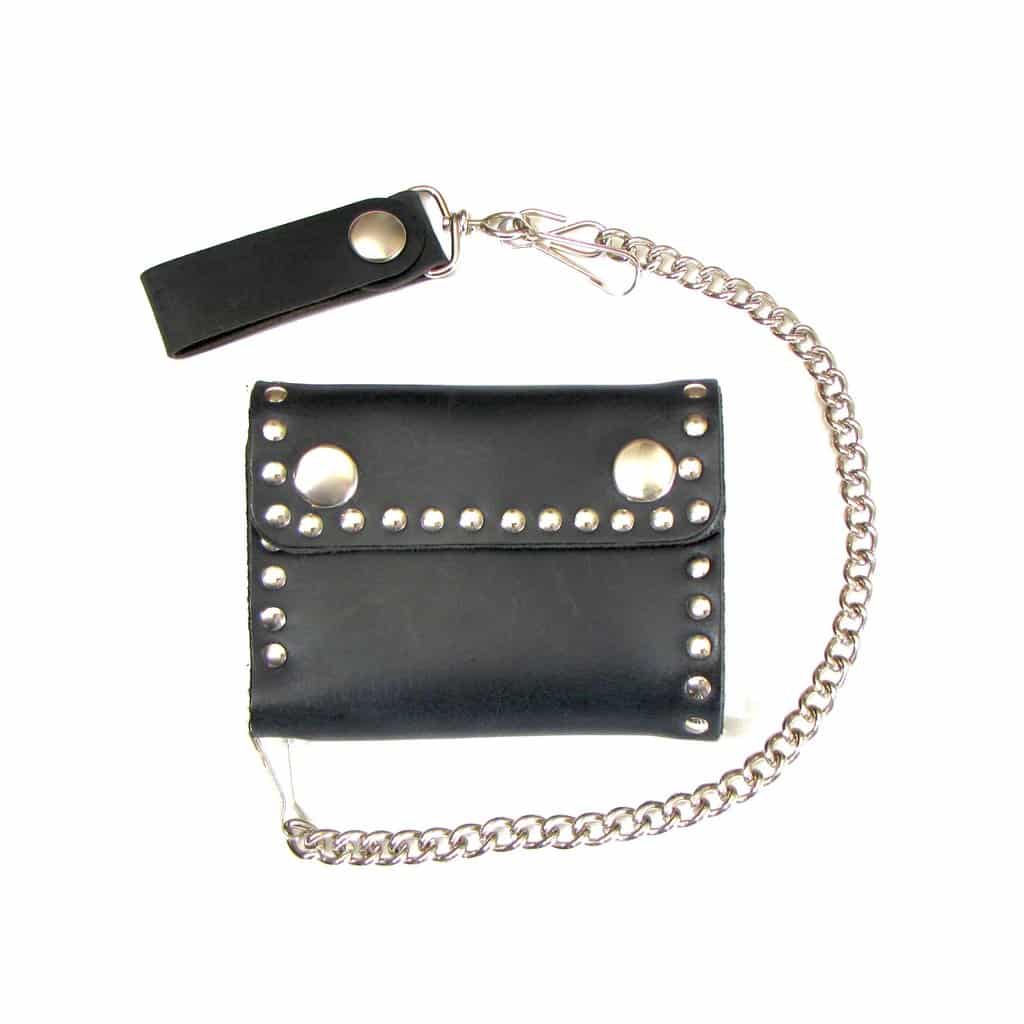 Studded Bi-Fold Leather Wallet w/ Chain