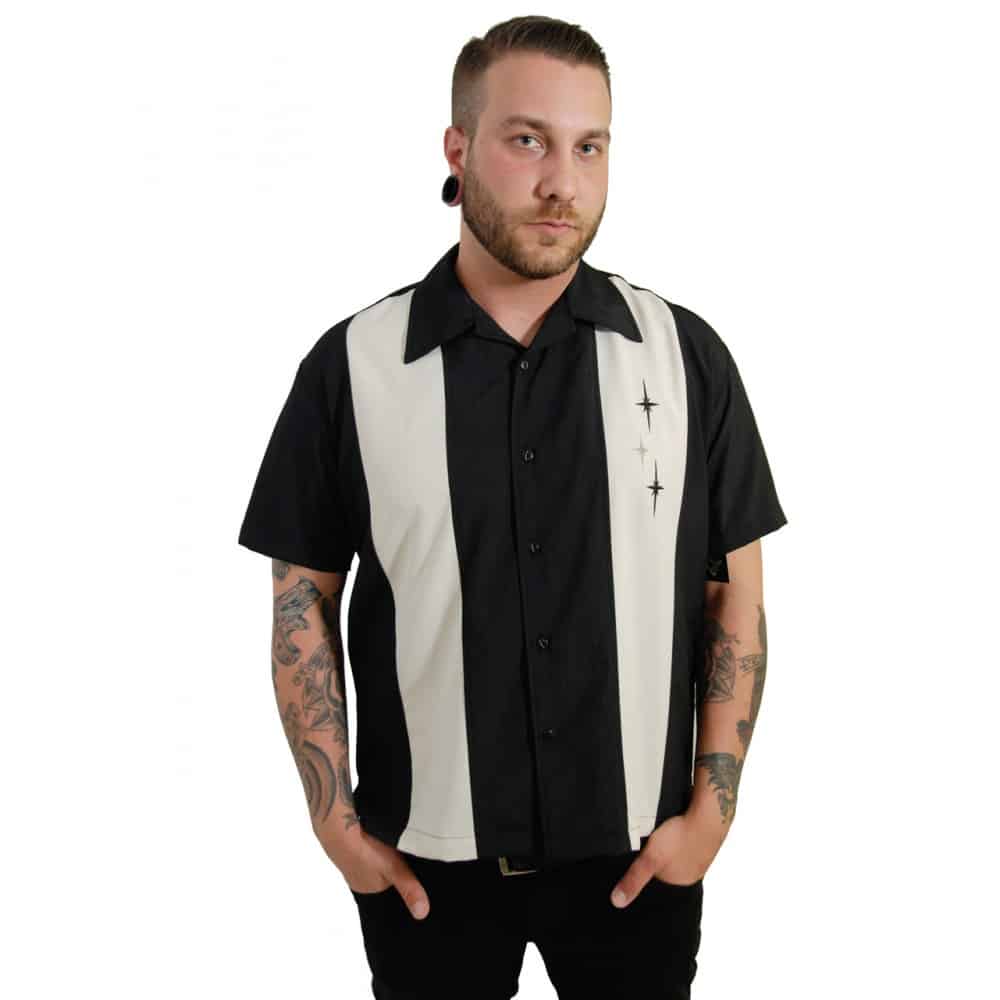 Three Star Panel Black Bowling Shirt by Steady Clothing - Image 3