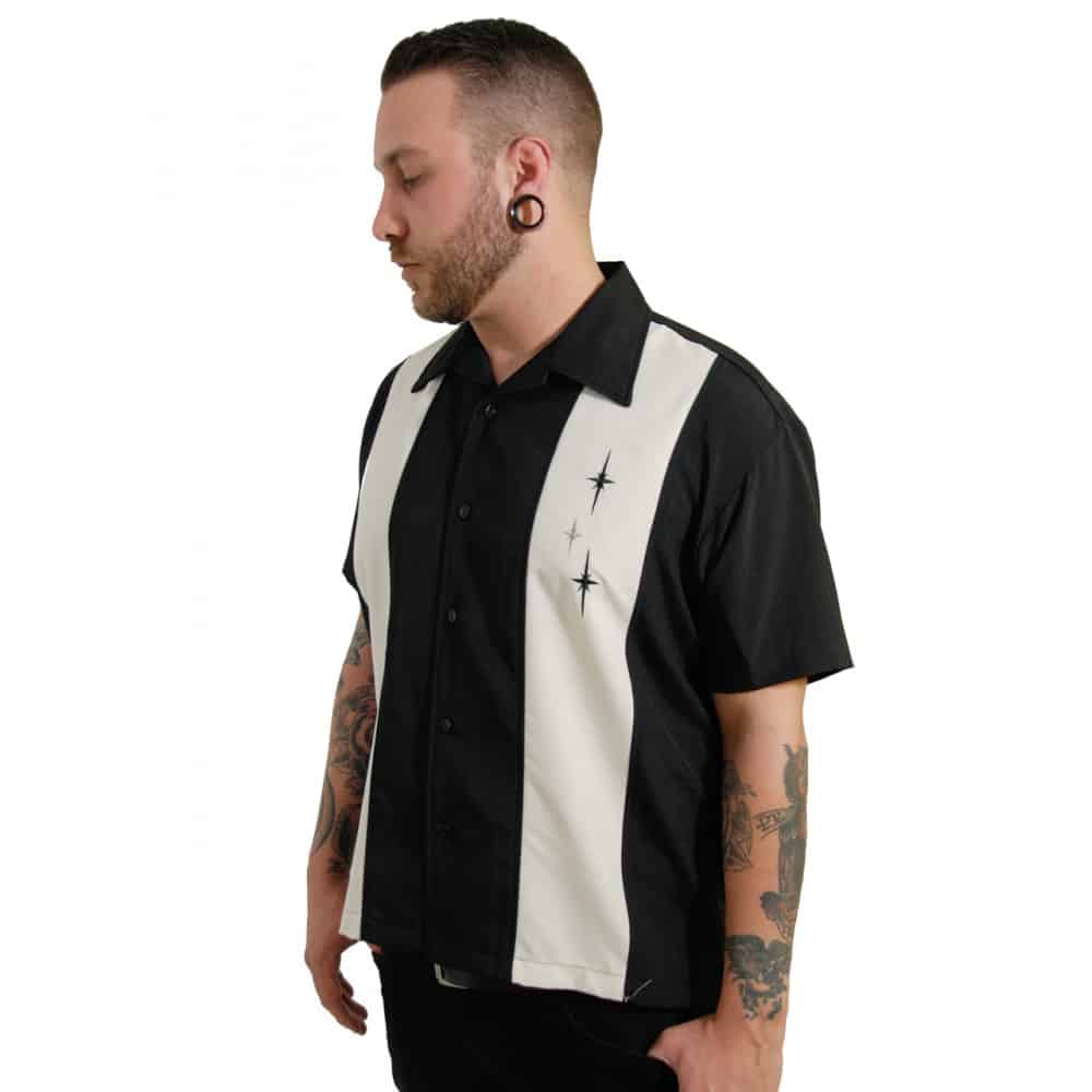 Three Star Panel Black Bowling Shirt by Steady Clothing - Image 4